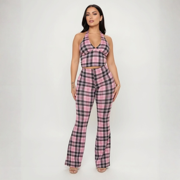 Fashion Nova ✦ Pink Plaid Halter Crop Top & Flare Pants Set ✦ Retro Stretch S - Picture 3 of 9